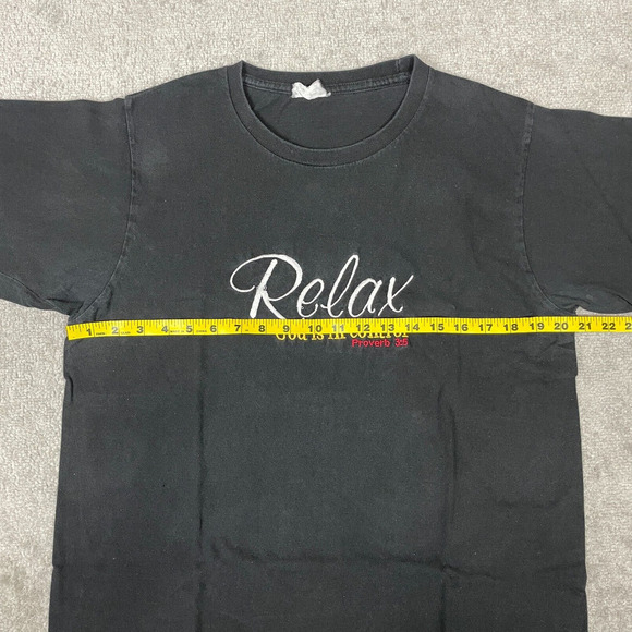 VINTAGE Jesus Tee Shirt Mens Large Black Relax God is in Control Embroidered - Picture 4 of 9